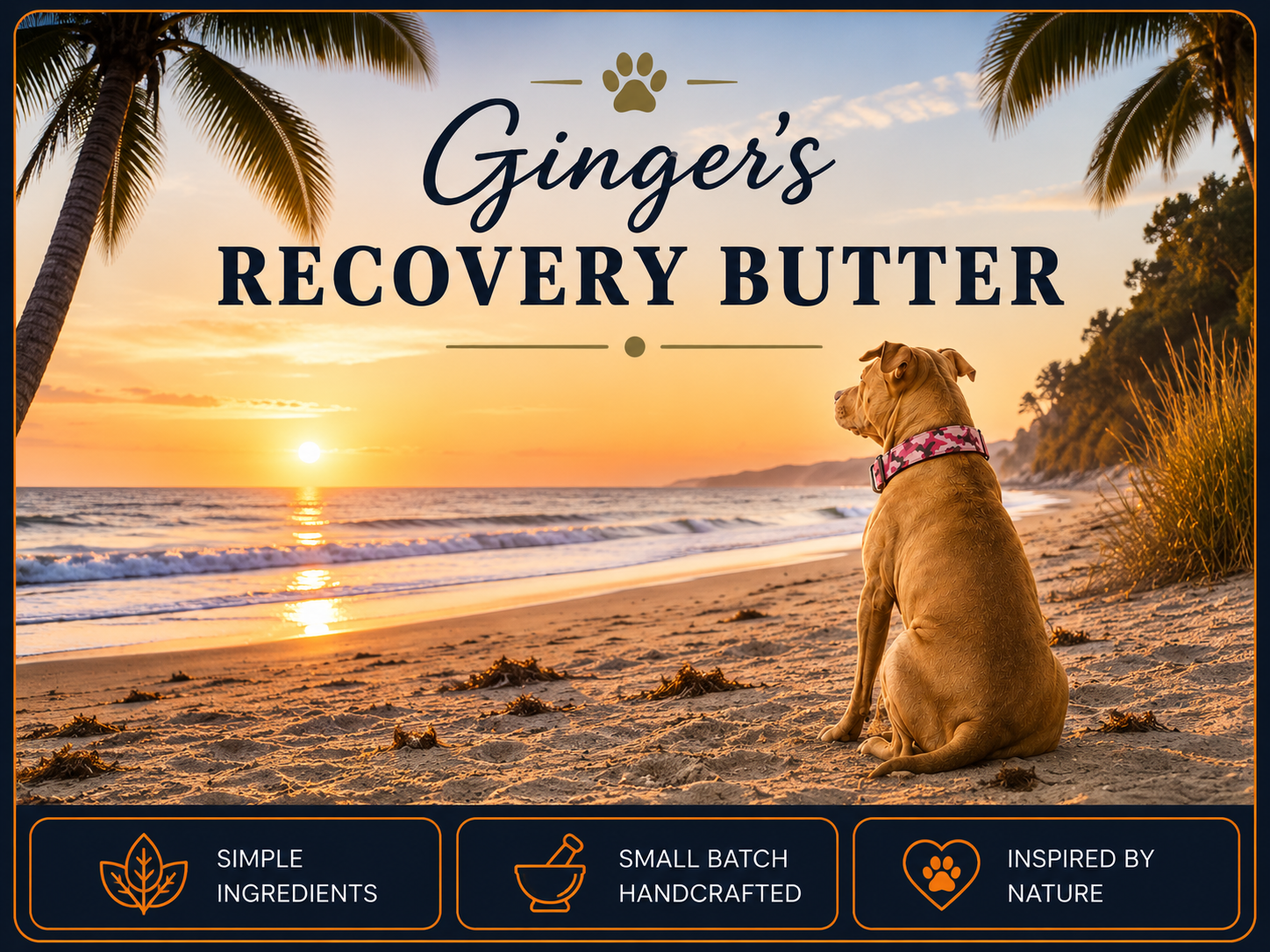 Ginger's Recovery Butter — Ginger the dog sitting on a palm-lined beach at sunset. Simple ingredients, small batch handcrafted, inspired by nature.