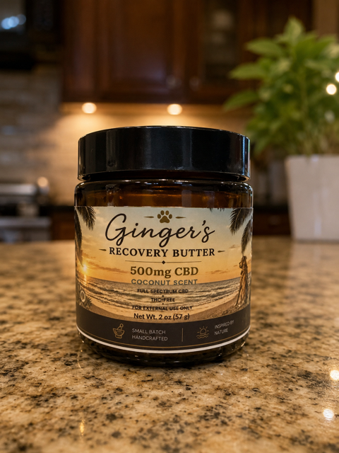 Ginger's Recovery Butter, 500 mg CBD coconut scent, 2 oz (57 g) amber glass jar