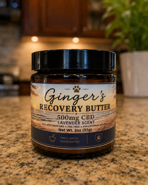 Ginger's Recovery Butter, 500 mg CBD lavender scent, 2 oz amber glass jar