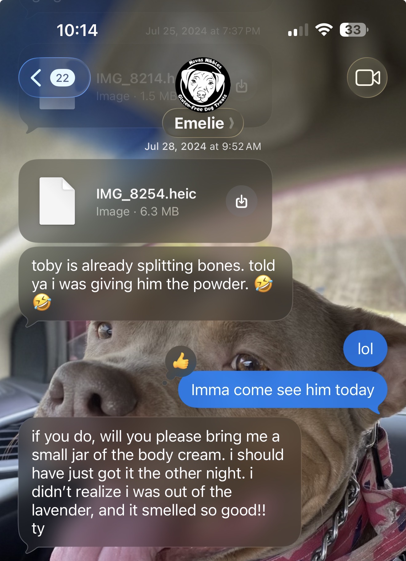 Customer text message about lavender body cream